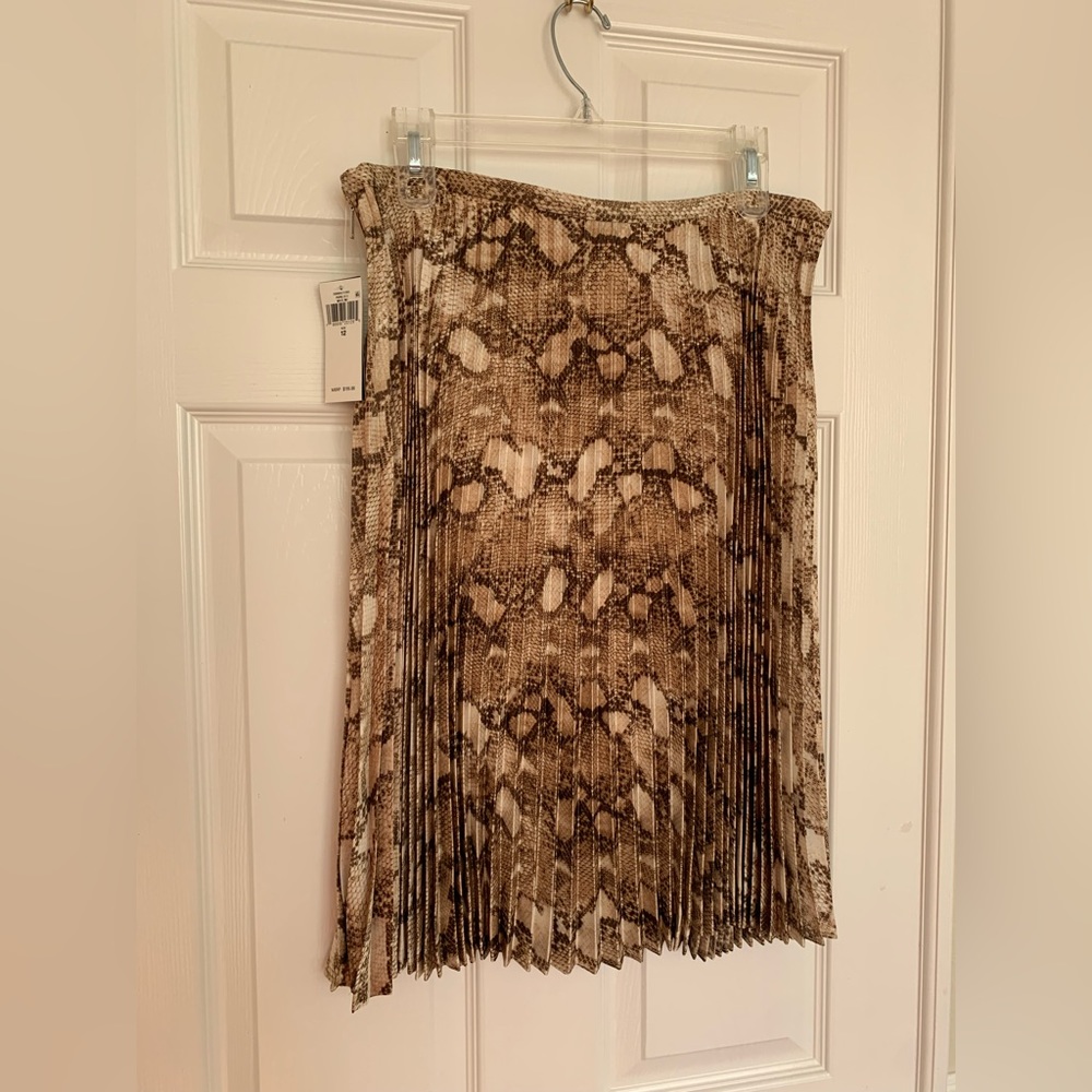 FINAL PRICE NWT Ralph Lauren Pleated Snake Print Satin Midi Skirt Brown/Cream 12 - Picture 3 of 11
